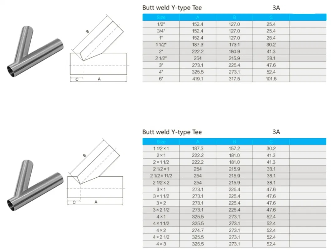 SS304/SS316L 45 Degree Y Branch Lateral Welding Tee Sanitary Stainless ...